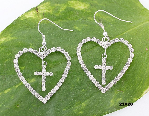 Dangling Rhinestones Heart w/ Cross Earrings - Clear - ER-21028
