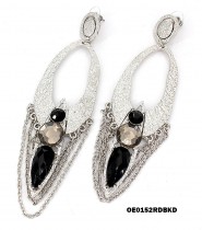 Hand Hammered Foil Look Earrings - Oval Loop w/ Black Rhinestones - ER-OE0152RD-BKD