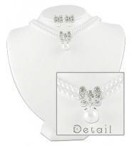 Faux Pearl Necklace and Earrings Set - Rhinestone Heart Charm