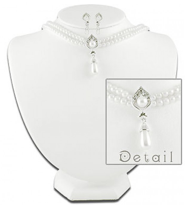 Faux Pearl Necklace and Earrings Set - Tear Drop Charm