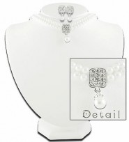 Faux Pearl Necklace and Earrings Set - Rhinestone Square Charm