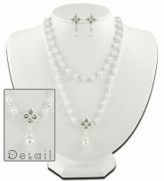 Faux Pearl Necklace and Earrings Set - Rhinestone Flower Charm