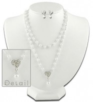 Faux Pearl Necklace and Earrings Set - Rhinestone Heart Charm