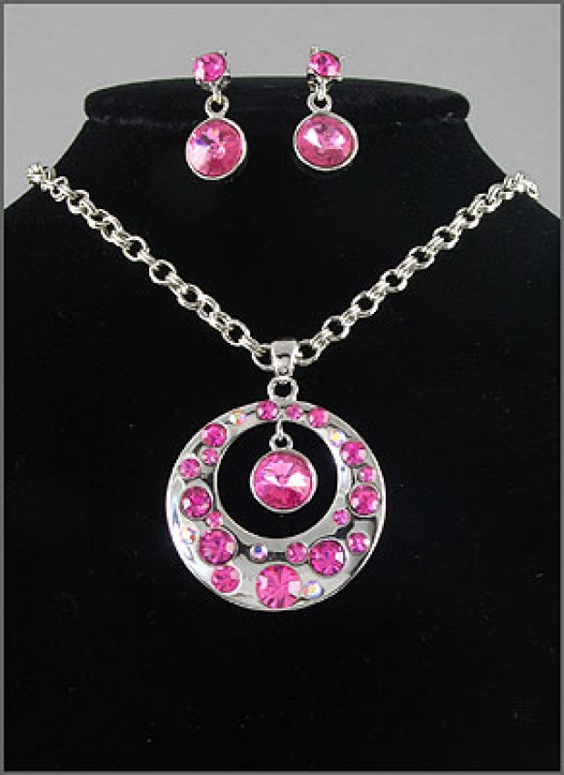 Gift set: Swarovski Crystal Round Charm Necklace & Earrings Set - Rhodium Plating - Pink