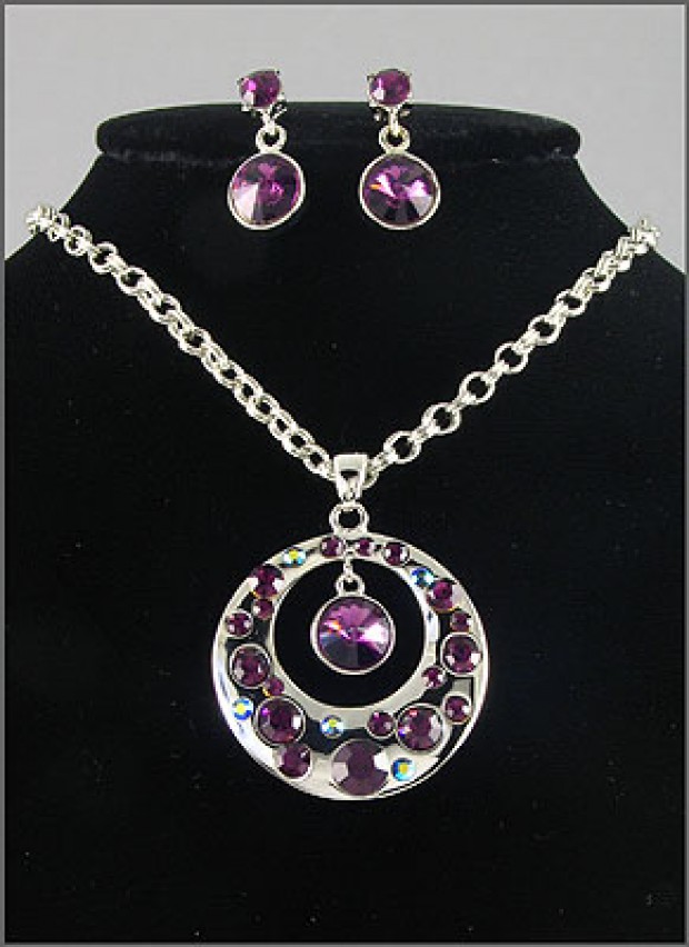 Gift set: Swarovski Crystal Round Charm Necklace & Earrings Set - Rhodium Plating - Purple