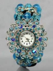 Bracelet Watch - Rhinestones w/ Multi Beaded Stretchable Bracelet - Blue