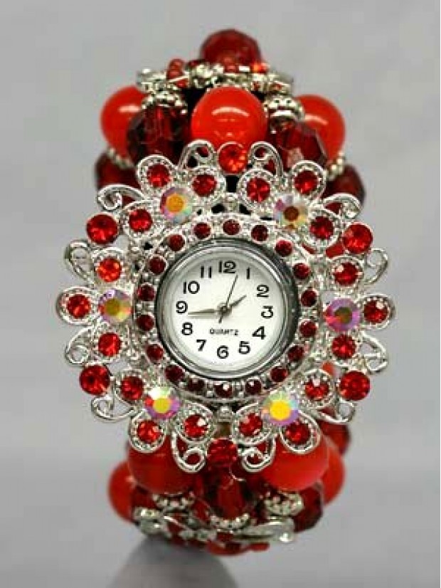 Bracelet Watch - Rhinestones w/ Multi Beaded Stretchable Bracelet - Red - WT-KH07232RD