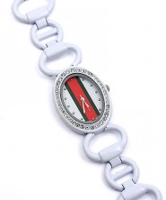 Lady Watch - Metal Link Strap w/ Red & Green Striped Design - White - WT-L3070WT