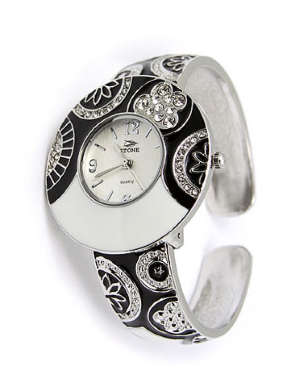 Lady Watch - Paved Rhinestone & Engraved Floral Cuff - Black/White -WT-L80636BK-WT