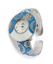 Lady Watch - Paved Rhinestone & Engraved Floral Cuff - Blue/White