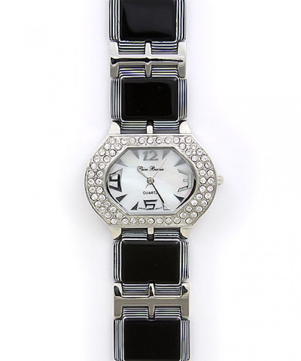 Lady Watch - Acrylic Square Links w/ Multi Lines Design Band - Black- WT-L80656BK