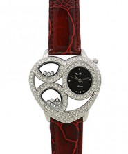 Lady Watch - Rhinestone Heart Shape Frame w/ Croc Embossed Band - Red - WT-L80665RD