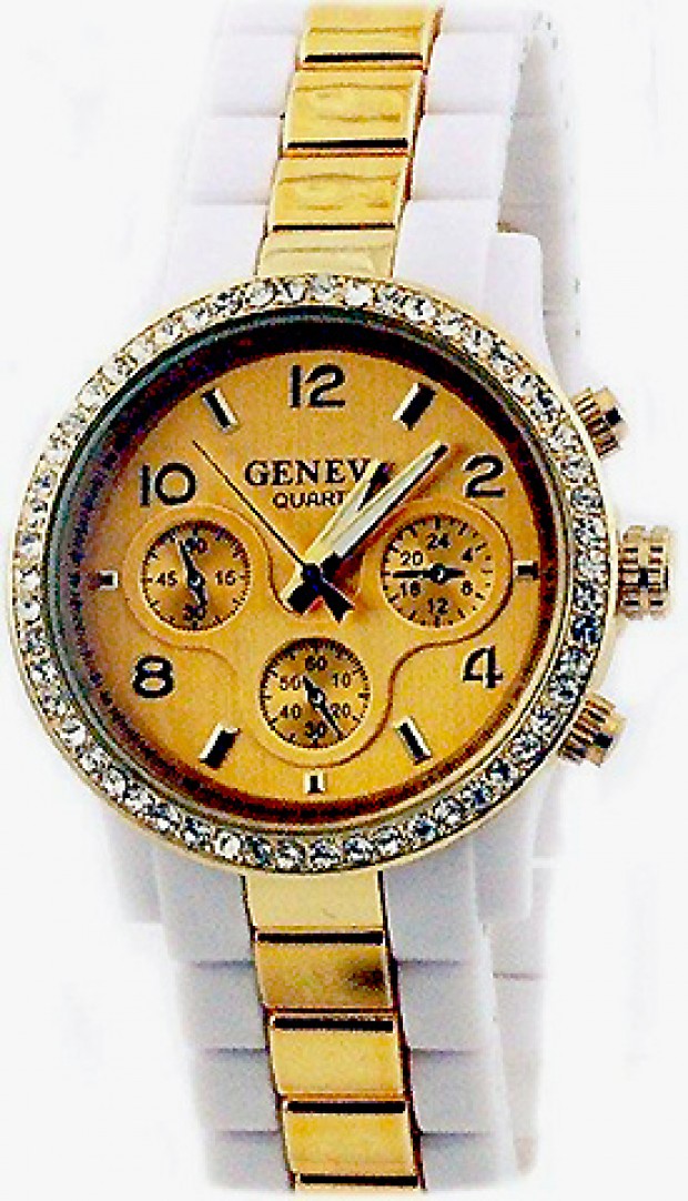 Lady Watch - Two-tone Metal Band w/ Rhinestone Accent - White/Gold m- WT-MN7007GD-WTGD
